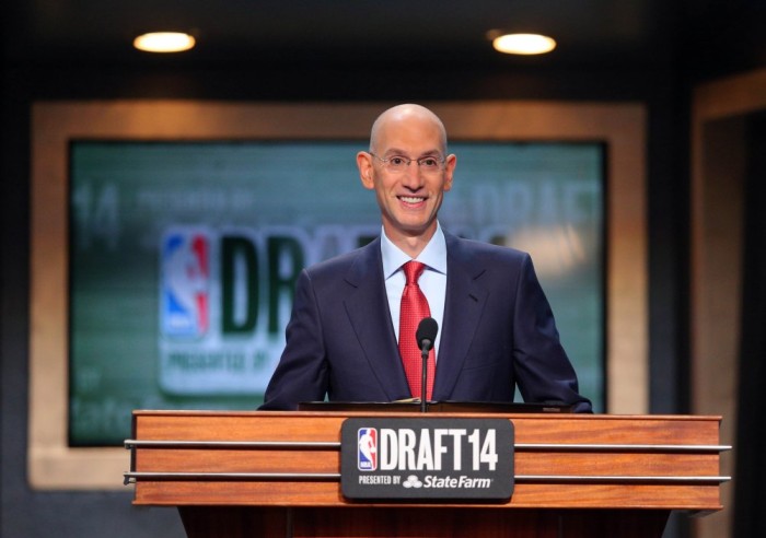 Jun 26, 2014; Brooklyn, NY, USA; NBA commissioner Adam Silver addresses the crowd before the start of the 2014 NBA Draft at the Barclays Center. Mandatory Credit: Brad Penner-USA TODAY Sports